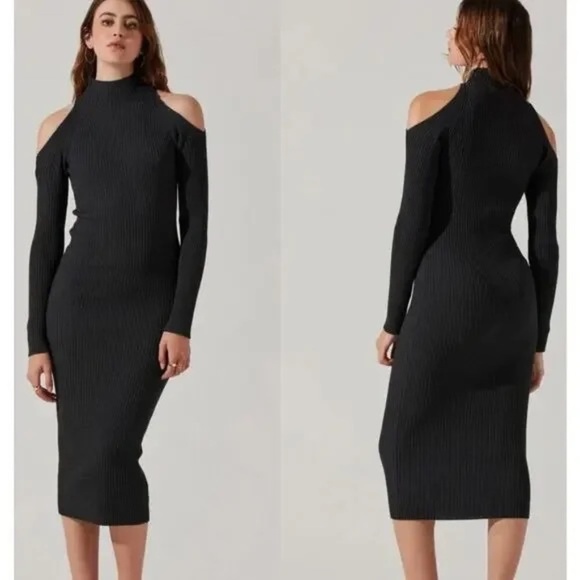 ASTR Ribbed Cold Shoulder Sweater Dress Midi Charcoal Black 45284 - Picture 1 of 12